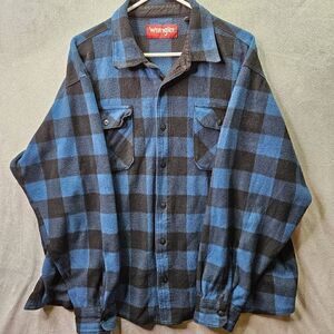 Wrangler Shirt Mens Sz 2XL Blue Plaid Checkered Button Up Long Sleeve Flannel